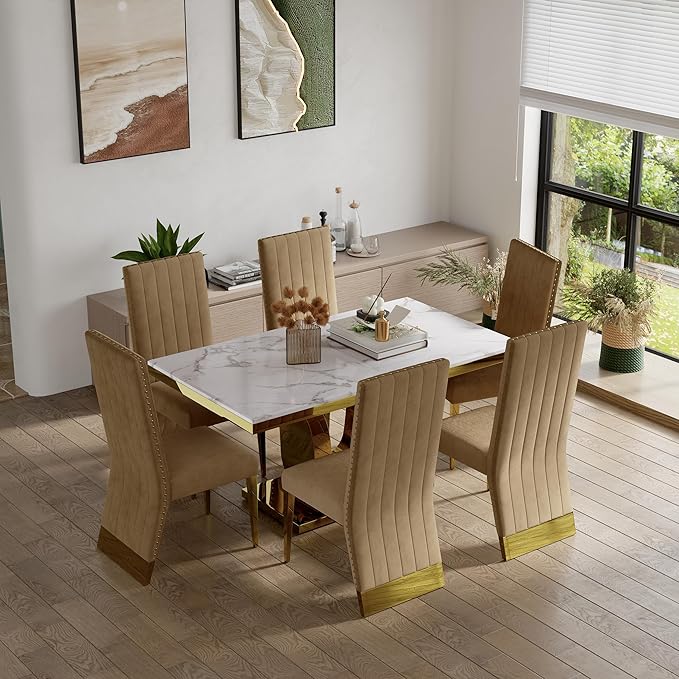 AUZ Dining Chairs with Nail Head Trim, Modern Velvet Upholstered Dining Room Chairs in Lovely Color with Polished Gold Stainless Steel Legs, Set of 8