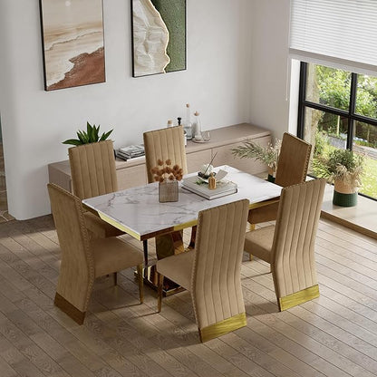 AUZ Dining Chairs with Nail Head Trim, Modern Velvet Upholstered Dining Room Chairs in Lovely Color with Polished Gold Stainless Steel Legs, Set of 6