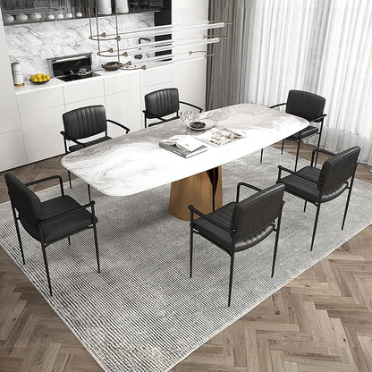 Mid-Century Modern PU Leather Dining Chairs Set of 6, Upholstered Kitchen Chairs with Arms and Metal Legs Adjustable Feet for Kitchen Dining Room(Black)