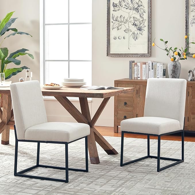 VKNOW Upholstered Dining Chairs Set of 2, Modern Dining Room Chairs, Linen Kitchen Chair Dinner Chair with Black Metal Base for Kitchen Office, Beige-Unstriped