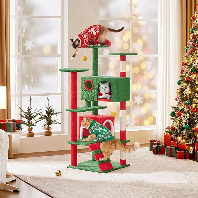 Yaheetech 54in Christmas Cat Tree, Multi-Level Cat Tower with Spacious Kitten-Ear Perch, 2 Cozy Caves, Scratching Posts, Climbing Ladder, 2 Plush Balls for Indoor Kittens, Red/Green