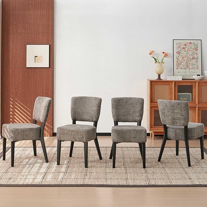 Howtek Modern Dining Chairs Set of 4 with 6.3" Thick Seat Cushions, Space-Saving Stackable Upholstered Kitchen Chairs, Ergonomic Backrest & Black Metal Legs, Grey