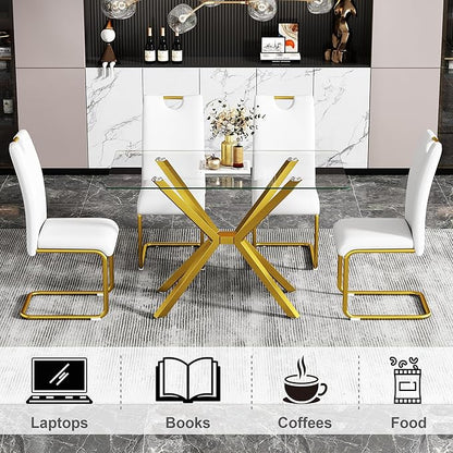47" Tempered Glass Dining Table for 4, Modern Kitchen Table Rectangle Top, Geometric Metal Leg, for Apartment Dining Room Restaurant (Gold)