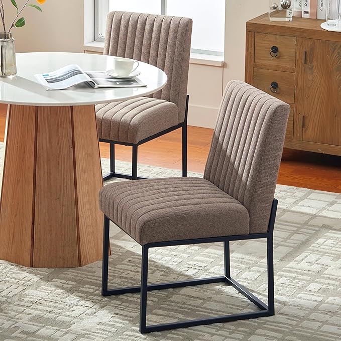 VKNOW Upholstered Dining Chairs, Modern Dining Room Chairs with Stripe, Linen Kitchen Chair Dinner Chair with Black Metal Base for Kitchen Office, Brown