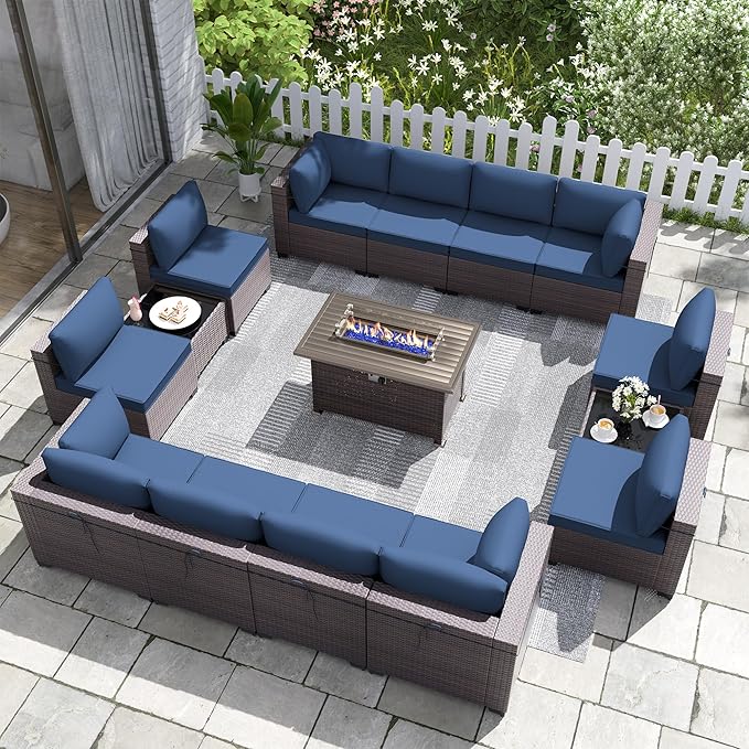 Kurapika 15 Pieces Patio Furniture Set, Rattan Wicker Outdoor Conversation Sets w/43in Propane Fire Pit Table and 4 Inch Cushion(Navy Blue)