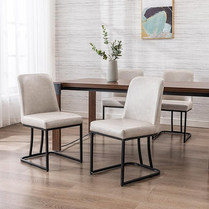 Grey PU Leather Dining Chairs Set of 6 Mid Century Modern Comfortable Dining Room Chair with Curved Backrest, Upholstered Kitchen Side Chairs with Black Metal Legs