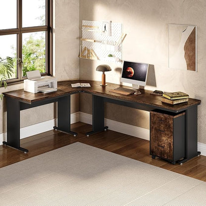 LITTLE TREE 83 Inch L-Shaped Office Desk with Drawers, Large Executive Office Desk with Storage, Wooden Computer Desk with File Cabinet, Modern Work Desk for Home Office, Brown