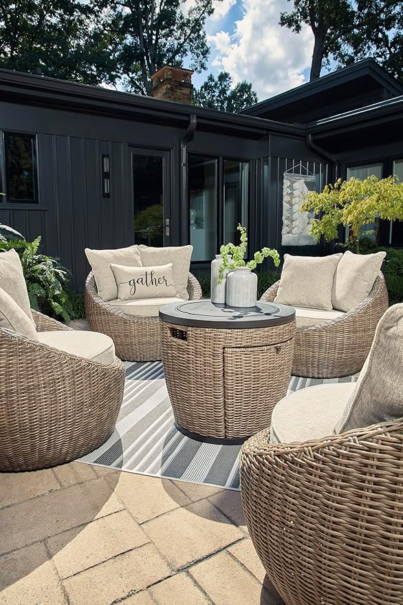 Signature Design by Ashley Danson Outdoor Lounge Chair with Cushion and 360-Degree Swivel, Set of 2, UV-Resistant Performance Fabric and Resin Wicker, Light Brown