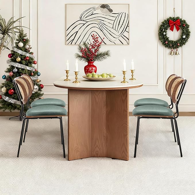 Rattan Dining Chairs Set of 4, Christmas Chair Mid Century Modern Dining Chairs with Cane Back for Kitchen Dining Room, 19 Inch Fabric Green