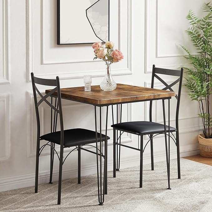 VECELO 3-Piece Dining Table Set for Home Kitchen Small Space Breakfast Nook, 2 Faux Leather Metal Frame Chairs,Brown,Set for 2