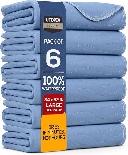 Utopia Bedding Washable Underpads 34" x 52" (Pack of 6), Waterproof Reusable Heavy Absorbency Incontinence Bed Pads for Adults, Kids, Elderly and Pets, Bedwetting Pads for Sofa and Couch (Blue)
