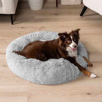 PetAmi Calming Dog Bed for Small Medium Dogs and Cats, Round Donut Washable Fluffy Faux Fur Plush Cuddler Pet Kitten Cushion, Anti-Slip, Fits up to 45 lbs, 30 inch, Light Gray