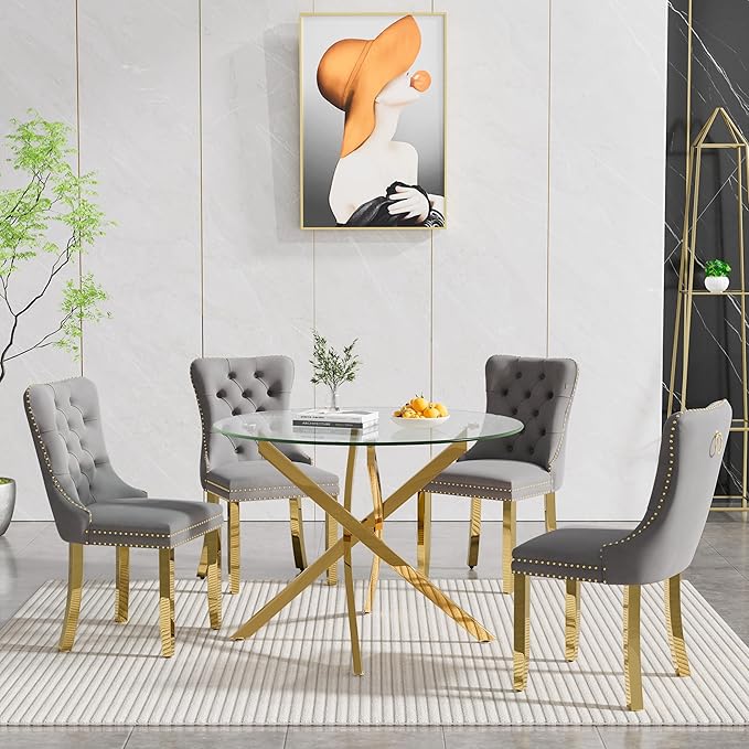 Goujxcy Small Round Dining Table Set for 4, Modern Glass Kitchen Table Chairs Set of 4, 5-Piece Dining Table Set w/36 Circle Gold Glass Dining Room Table and 4 Grey Upholstered Dining Chairs