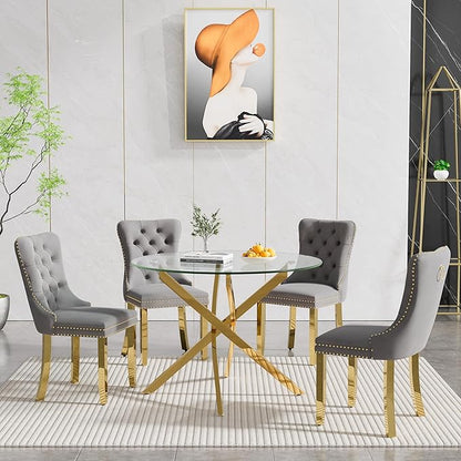 Goujxcy Small Round Dining Table Set for 4, Modern Glass Kitchen Table Chairs Set of 4, 5-Piece Dining Table Set w/36 Circle Gold Glass Dining Room Table and 4 Grey Upholstered Dining Chairs