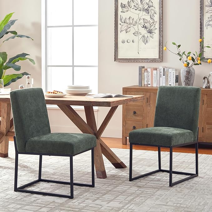 VKNOW Upholstered Dining Chairs Set of 2, Modern Dining Room Chairs, Linen Kitchen Chair Dinner Chair with Black Metal Base for Kitchen Office, Green-Unstriped