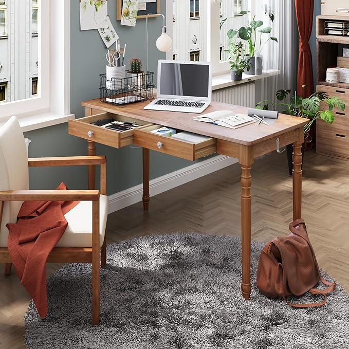 Solid Wood Desk with Drawers - 48 Inch Writing Desk with Drawers, Mid Century Modern Desk with 2 Hooks, Rubber Wood Study Table for Bedroom, Living Room & Office, Walnut Color