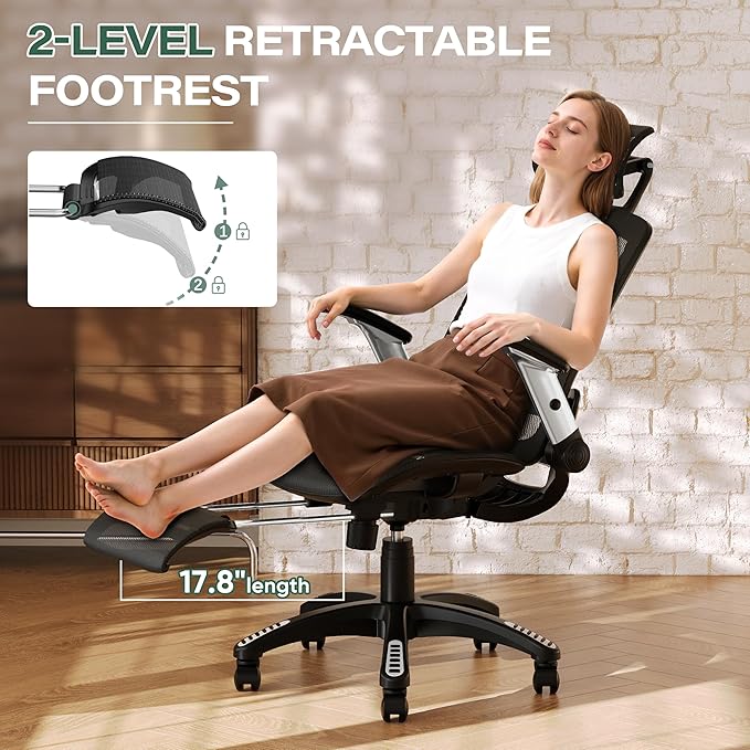 GABRYLLY Ergonomic Office Chair with Footrest, High Back Home Desk Chair - 3D Headrest, Flip-Up Arms, 135° Tilt and Wide Cushion, Heavy Duty Mesh Chairs for Task Computer Gaming,GYB01-FT