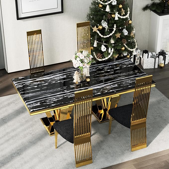 Dining Chairs Set of 6, Black Boucle Dining Room Chairs with Polished Gold Stainless Steel Legs and High Back