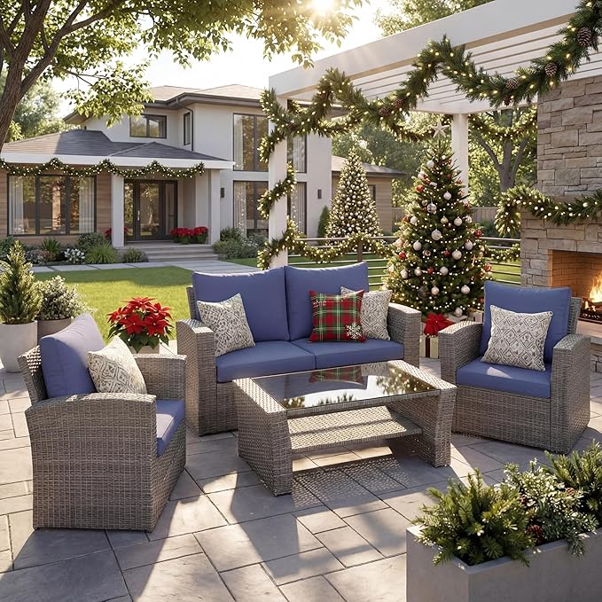 Wisteria Lane 4 Piece Patio Furniture Set, Wicker Outdoor Patio Conversation Furniture Set, All Weather Outdoor Patio Sofa with Cushion and Glass Table, Navy Blue