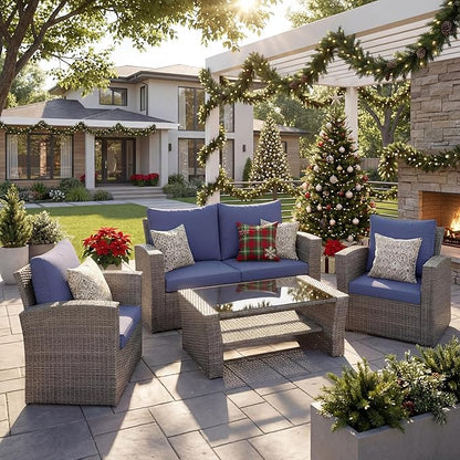 Wisteria Lane 4 Piece Patio Furniture Set, Wicker Outdoor Patio Conversation Furniture Set, All Weather Outdoor Patio Sofa with Cushion and Glass Table, Navy Blue