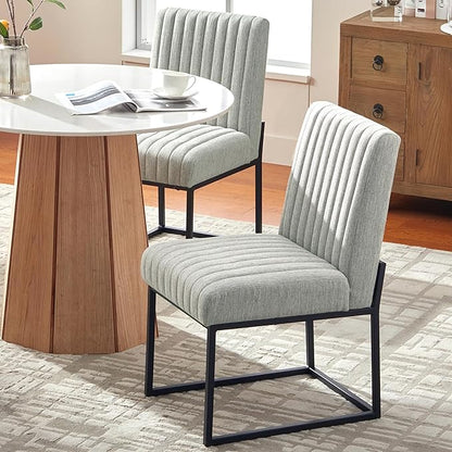 VKNOW Upholstered Dining Chairs Set of 4, Modern Dining Room Chairs with Stripe, Linen Kitchen Chair Dinner Chair with Black Metal Base for Kitchen Office, Light Grey