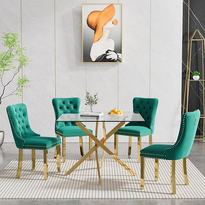 Goujxcy 5 Piece Glass Dining Table Set Modern Small Glass Dining Table Set for 4, 35.43" Square Kitchen Table and 4 Velvet Upholstered Chairs for Kitchen Dining Room, Gold & Green