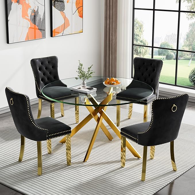 Goujxcy Round Dining Table Set for 4, Modern Glass Kitchen Table and Chairs Set of 4, 5-Piece Dining Room Table Set w/47 Circle Gold Glass Dining Table and 4 Upholstered Velvet Chairs
