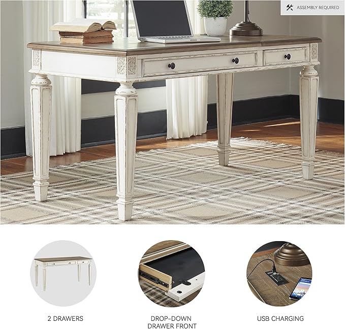 Signature Design by Ashley Realyn French Country 60" Home Office Lift Top Desk with USB Charging, Chipped White