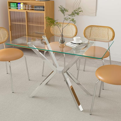47" Tempered Glass Dining Table for 4, Modern Kitchen Table Rectangle Top, Geometric Metal Leg, for Apartment Dining Room Restaurant (Silver)