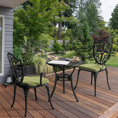 NUU GARDEN Outdoor 3 Piece Bistro Set with Cushions Round 24 Inch Cast Aluminum Table with 2.17 Inch Umbrella Hole and 2 Cast Aluminum Bistro Chairs for Patio Garden Backyard and Balcony Black
