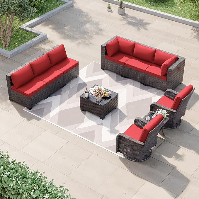 Kurapika 10 Pieces Patio Furniture Set, Rattan Wicker Sofa Set, Outdoor Conversation Sets w/Swivel Rocking Chairs Patio Sectional Sofa w/4 Inch Cushion, Red