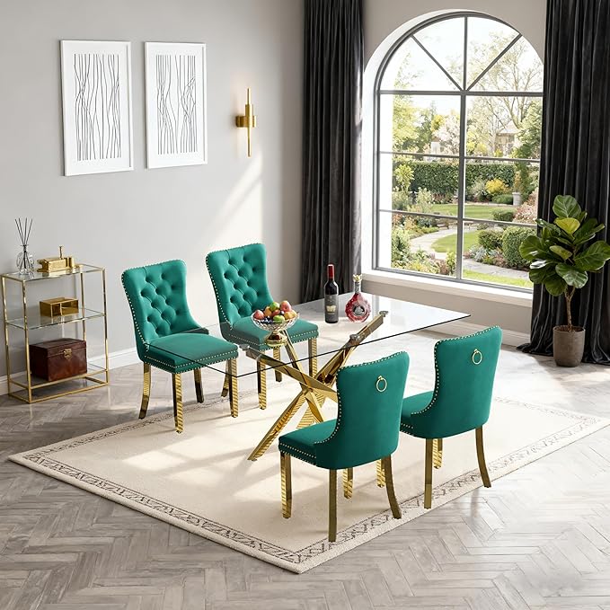 Goujxcy 51" Glass Dining Table Set for 4, Modern Kitchen Table and Chairs Set w/Steel Legs, 5-Piece Dining Table Set w/Glass Gold Dining Table and 4 Green Velvet Chairs for Kitchen Dining Room