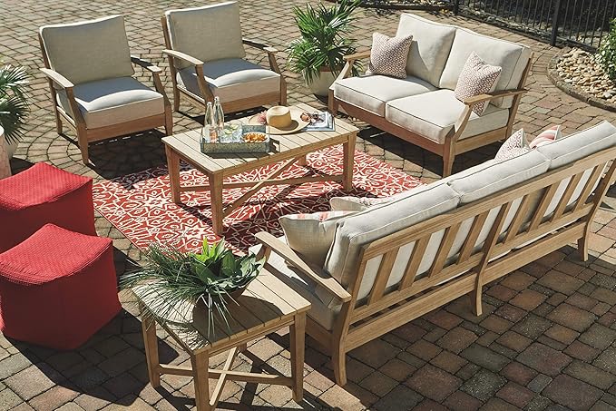 Signature Design by Ashley Clare View Outdoor Patio Sofa, 4 Throw Pillows, Nuvella Weather Resistant Fabric, Eucalyptus Wood, 81" W x 35" D x 32" H, Beige
