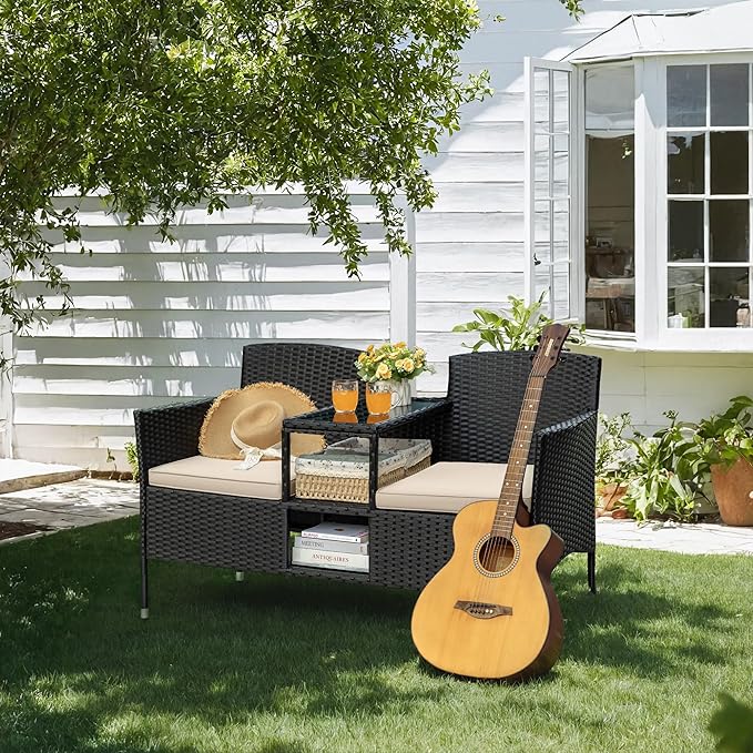Greesum Patio Loveseat Outdoor Wicker Furniture Conversation Set with Soft Cushions & Built-in Coffee Table for Lawn Garden Backyard, Beige