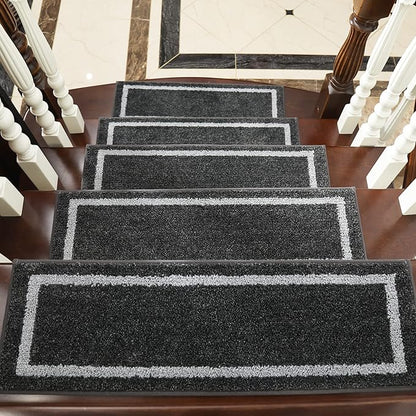 COSY HOMEER Soft Stair Treads Non-Slip Carpet Mat 28inX9in Indoor Stair Runners for Wooden Steps,Stair Rugs for Kids and Dogs, 100% Polyester TPE Backing 7pcs,Black,Square