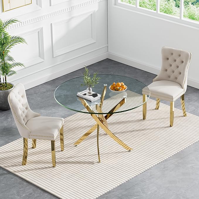 Goujxcy 3 Piece Round Glass Dining Table Set for 2, 36" Round Dining Table & Chair Set Modern Circle Glass Kitchen Table and 2 Velvet Upholstered Chairs for Kitchen Dining (Gold Table & Beige Chair)