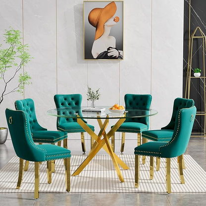 Goujxcy Round Dining Table Set for 6, Modern Glass Kitchen Table and Chairs Set of 6, 7-Piece Dining Room Table Set w/47 Circle Gold Glass Dining Table and 6 Upholstered Velvet Chairs