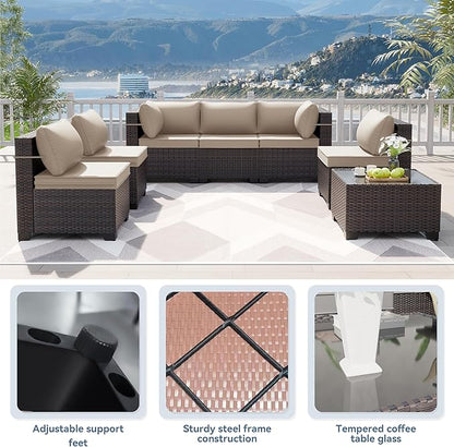 Kurapika 10 Pieces Patio Furniture Set, Rattan Wicker Sofa Set, Outdoor Conversation Sets w/Swivel Rocking Chairs Patio Sectional Sofa w/4 Inch Cushion, Sand