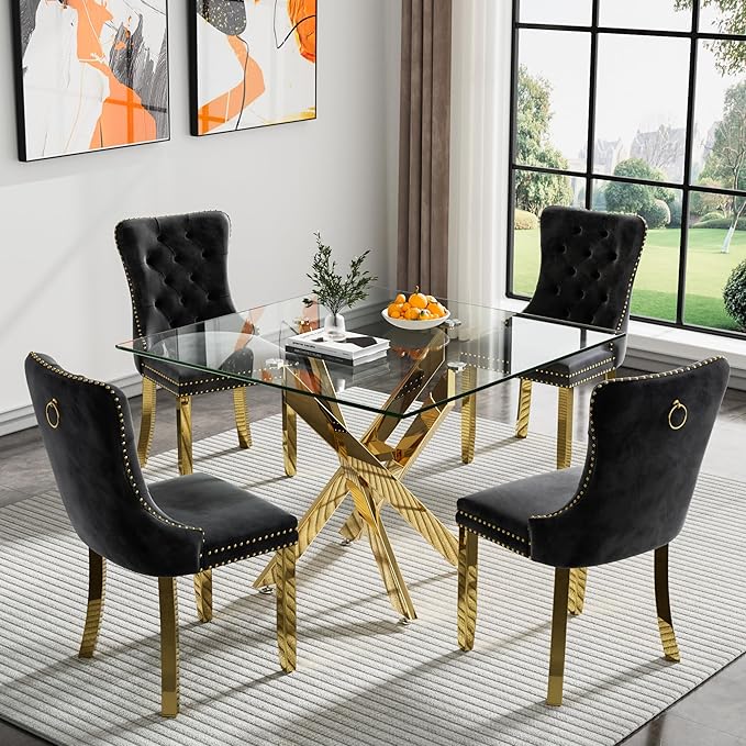 Goujxcy Glass Dining Table Set for 4, Modern Kitchen Table and Chairs Set of 4, 5-Piece Kitchen Dining Room Table Set w/36 Square Gold Glass Dining Table and 4 Black Velvet Upholstered Chairs