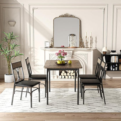VECELO 5-Piece Dining Table Set for Home Kitchen Small Space Breakfast Nook, 4 Faux Leather Metal Frame Chairs, Brown,Set for 4