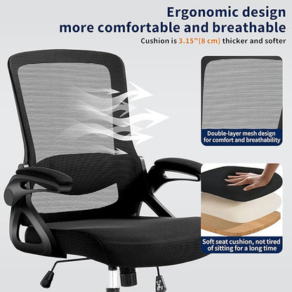 Ergonomic Office Chair, Desk Chair with Adjustable Lumbar Support, Breathable Mesh Comfy Computer Chairs with Flip-up Armrests Executive Task Chair for Adults Home Office(Black)