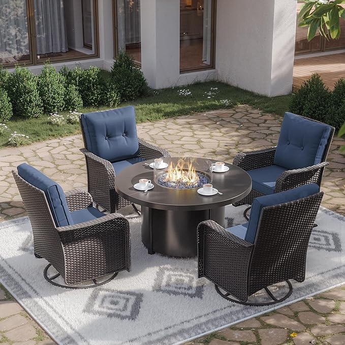 Kurapika 5 Pieces Patio Furniture Set, Rattan Wicker Outdoor Conversation Sets, 4 Woven Rattan Swivel Chairs w/48in Propane Fire Pit Table and Thickened Cushions, Navy Blue