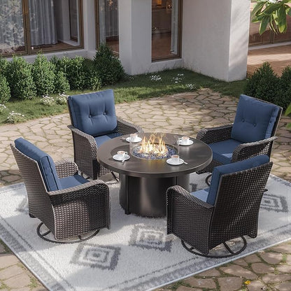 Kurapika 5 Pieces Patio Furniture Set, Rattan Wicker Outdoor Conversation Sets, 4 Woven Rattan Swivel Chairs w/48in Propane Fire Pit Table and Thickened Cushions, Navy Blue