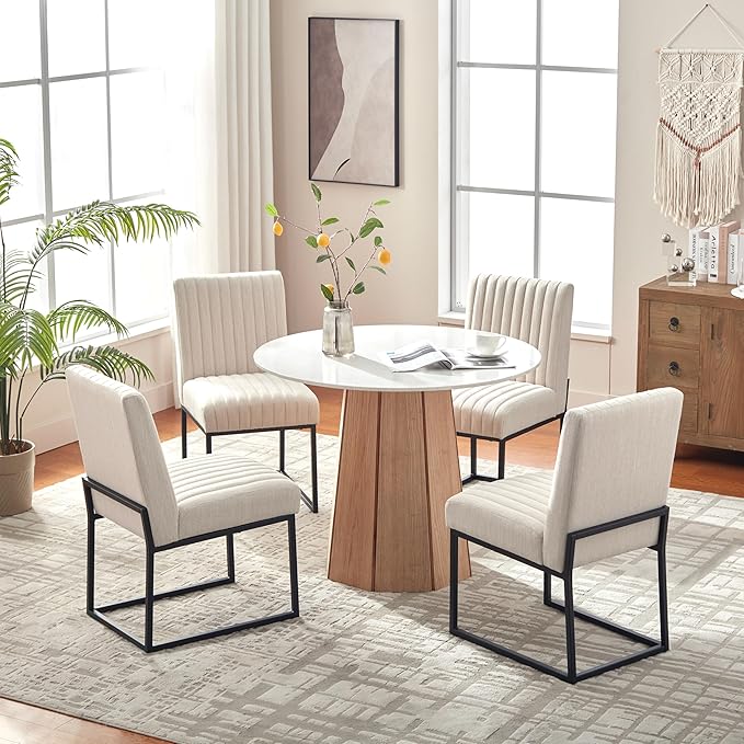 VKNOW Upholstered Dining Chairs Set of 4, Modern Dining Room Chairs with Stripe, Linen Kitchen Chair Dinner Chair with Black Metal Base for Kitchen Office, Beige