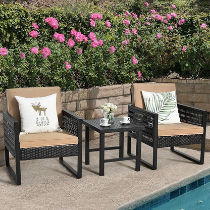 Tangkula 3 Piece Patio Wicker Bistro Set, Outdoor Rattan Sofa, Conversation Furniture w/Coffee Table, Seat and Back Cushions, Garden, Backyard, Balcony, Poolside