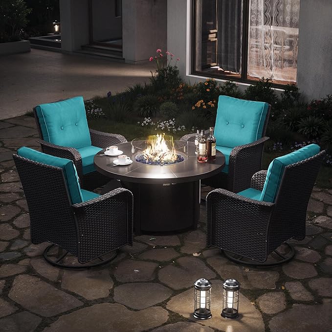 Kurapika 5 Pieces Patio Furniture Set, Rattan Wicker Outdoor Conversation Sets, 4 Woven Rattan Swivel Chairs w/48in Propane Fire Pit Table and Thickened Cushions, Blue