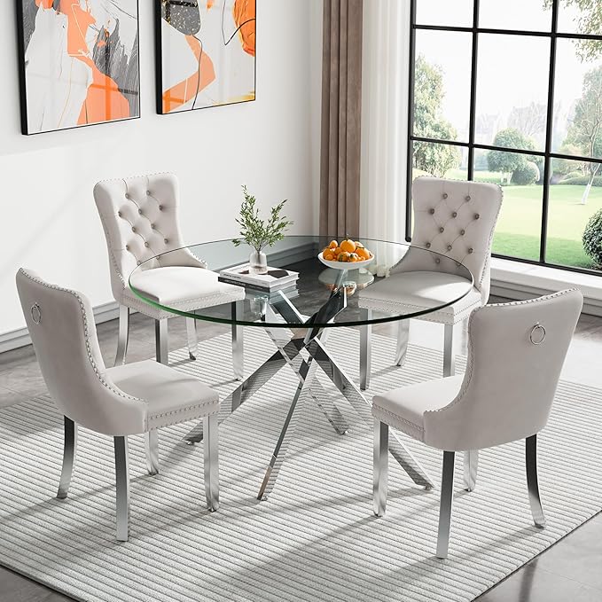 Goujxcy 5 Piece Round Glass Dining Table Set for 4, 47" Round Dining Table & Chair Set Modern Circle Glass Kitchen Table and 4 Velvet Upholstered Chairs for Kitchen Dining (Silver Table & Beige Chair)