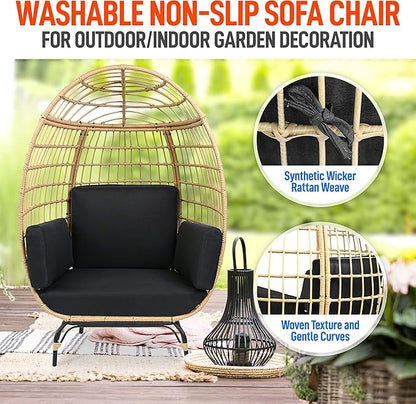 SereneLife Jovial Wicker Rattan Egg Chair,Indoor Outdoor Black Sofa Chair for Patio Backyard and Living Room with 4 Cushions and Powder Coated Steel Frame,Woven Texture Contemporary Ribbed Back Design