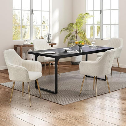 ECOTOUGE Teddy Velvet Dining Chairs Set of 4, Modern Arm Chair with Golden Metal Legs, Fluffy Boucle Sherpa Accent Chairs for Kitchen, Cream White