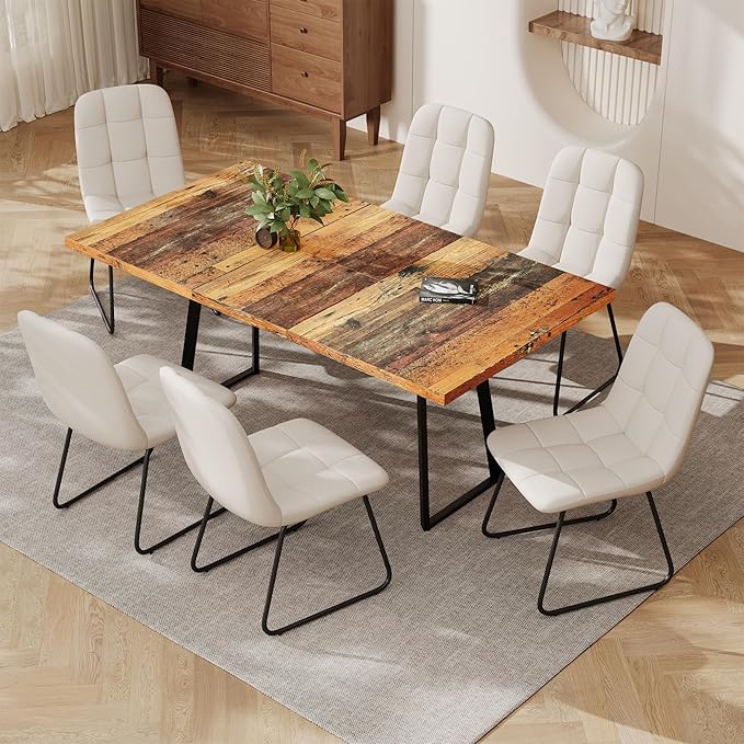 ZckyCine Extendable Dining Table Set 47"-63", Rustic Wood Table with 6 PU Leather Chairs, Modern Scandinavian Dining Room Furniture for Kitchen Apartment